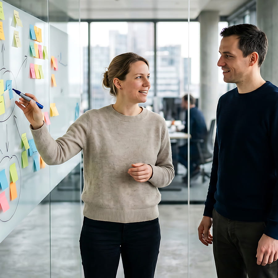 Male & Female professionals using sticky notes on a board