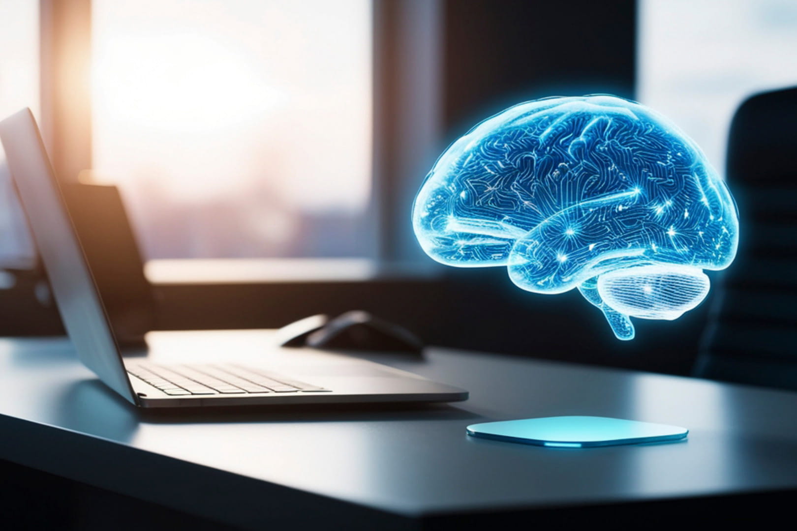Image of brain hovering laptop