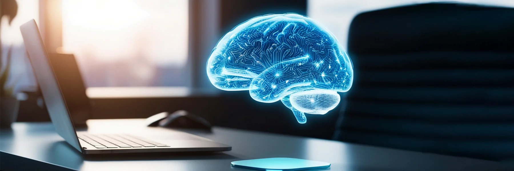Computer model of a brain floats above a desk and a laptop.