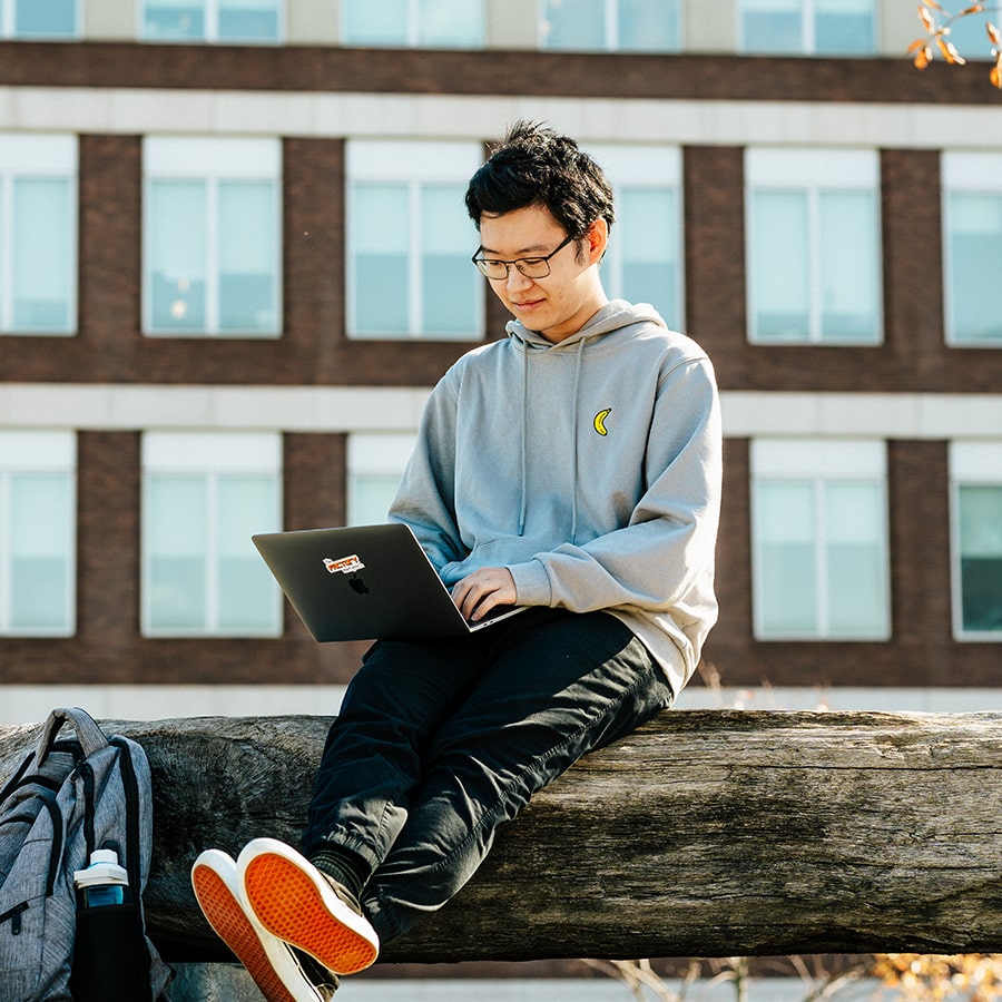 Student looks at laptop in blue while sitting in adirondack chair on campus center lawn.